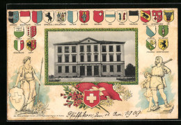 Präge-AK Pfäffikon, Schulhaus, Wappen Der Kantone  - Other & Unclassified