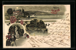 Mondschein-Lithographie Zürich, Alphornbläser, Teich  - Sonstige & Ohne Zuordnung