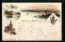 Lithographie Konstanz, Totalansicht, Schetzthor, Das Münster  - Konstanz