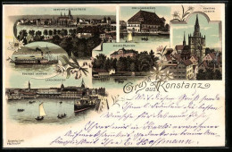 Lithographie Konstanz, Schloss Mainau, Landungssteg, Bodensee-Dampfer  - Konstanz