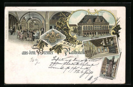 Lithographie Bremen, Gasthaus Ratskeller, Rathaus  - Bremen