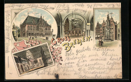 Lithographie Bremen, Rathaus, Rolandssäule  - Bremen