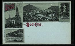 Mondschein-Lithographie Bad-Ems, Kursaal, Kirche, Denkmal  - Autres & Non Classés