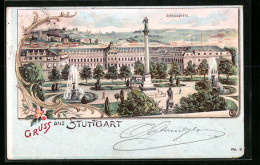 Lithographie Stuttgart, Schlossplatz Mit Springbrunnen  - Stuttgart