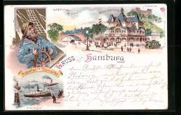 Lithographie Hamburg-St.Pauli, Helgoländer Brücke, Neues Fährhaus, Seewarte, Rundfahrt-Dampfer  - Mitte