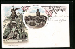 Lithographie Mannheim, Paradeplatz Mit Kaufhaus, Krieger-Denkmal  - Mannheim