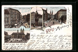 Lithographie Magdeburg, Kaiser Otto, Der Alte Markt, Neue Jacob-Strasse  - Magdeburg