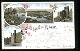 Lithographie Bingen, Ortsansicht, Mäusethurm, Ruine Ehrenfels  - Bingen