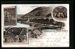 Lithographie Bad Ems, Kraehnchenbrunnen, Kurgarten, Kesselbrunnen, Wandelbahn  - Bad Ems