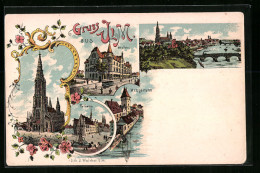 Lithographie Ulm, Münster, Saalbau, Rathaus, Metzgerturm  - Ulm