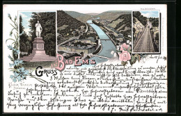 Lithographie Bad Ems, Panorama, Malbergbahn & Kaiser Wilhelm Denkmal  - Bad Ems