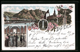 Lithographie Bad Ems, Bäderley, Neue Katholische Kirche, Malberg-Bahn, Kaiser-Brunnen  - Bad Ems