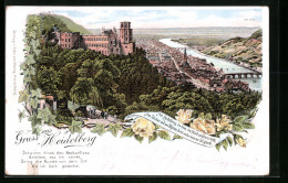Lithographie Heidelberg, Ortsansicht Aus Der Vogelschau Mit Schloss  - Heidelberg