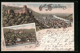 Lithographie Heidelberg, Ortsansicht Mit Schloss, Ansicht Schloss V. D. Hirschgasse  - Heidelberg