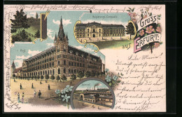 Lithographie Erfurt, Regierungs-Gebäude, Post, Bahnhof  - Erfurt