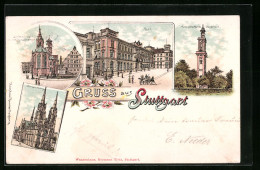 Lithographie Stuttgart, Post, Stiftskirche Und Schillerdenkmal, Marien-Kirche  - Stuttgart