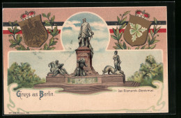 Lithographie Berlin, Das Bismarck-Denkmal, Wappen  - Tiergarten
