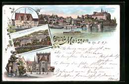 Lithographie Meissen, Rathaus, Porzellan-Manufaktur  - Meissen