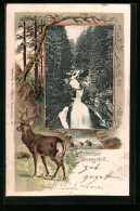 Passepartout-Lithographie Triberg, Wasserfall Und Hirsch  - Sonstige & Ohne Zuordnung