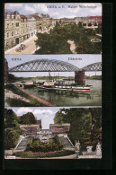 AK Riesa A. E., Kaiser Wilhelmplatz, Elbbrücke, Freitreppe I. Stadtpark  - Riesa