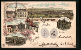 Lithographie Reichstadt, Gesamtansicht, Schlossgasse, Postgasse  - Czech Republic