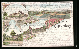 Lithographie Grumbach, Gasthof, Kirche, Schule  - Sonstige & Ohne Zuordnung