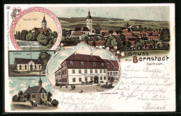 Lithographie Bernstadt /Sachsen, Gasthof Zum Braunen Hirsch, Pliessnitz-Wehr, Turnhalle  - Sonstige & Ohne Zuordnung