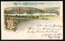 Lithographie Heidingsfeld A. Main, Teilansicht Mit Brücke, Wappen  - Autres & Non Classés