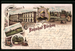 Lithographie Büchen, Bahnhofs-Restaurant Büchen, Schloss Friedrichsruh, Denkmal  - Friedrichsruh