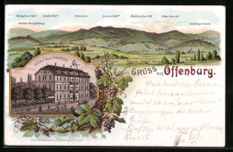 Lithographie Offenburg, Bahnhof-Hotel Offenburg, Panorama Mit Durbach, Weingarten Und Bühlerstein  - Offenburg