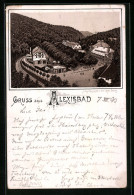 Vorläufer-Lithographie Alexisbad, 1893, Ortspartie Mit Kurhotel  - Autres & Non Classés