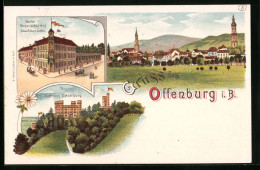 Lithographie Offenburg I. B., Hotel Rheinischer Hof, Schloss Ortenberg  - Offenburg