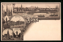 Lithographie Bonn, Münster, Ortsansicht, Bahnhof  - Muenster