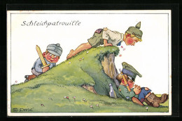 Künstler-AK Sign. W. Dertel: Kleine Soldaten Auf Schleichpatrouille  - War 1914-18