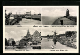 AK Emden, Hafen, Abendstimmung An Der Mole, Rathaus Mit Delft, Mühle Am Hinter-Tief  - Emden