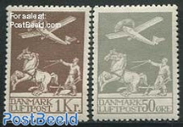 Denmark 1929 Airmail Definitives 2v, Unused (hinged), Nature - Transport - Various - Horses - Aircraft & Aviation - Ag.. - Neufs