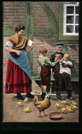 AK Familie In Tracht Aus Schaumburg-Lippe Mit Hühnern  - Costumes