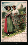 Lithographie Pärchen Im Garten In Tracht Aus Umgegend Von Bad Eilsen  - Costumes