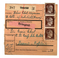 Paketkarte Dringend, Unterlüß Nach Dessau-Roßlau, 1944, MeF, Massenfrankatur - Briefe U. Dokumente