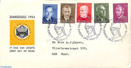 Netherlands 1954 Summer Welfare 5v, FDC, Typed Address, Open Flap, First Day Cover - Lettres & Documents