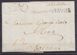 L. Datée 2 Septembre 1789 De VERVIERS Pour BOLZANO (Italie) - Griffe "VERVIER" - Man. "fcfort" (par Francfort) & "échant - 1714-1794 (Pays-Bas Autrichiens)