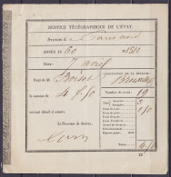 Reçu Service Télégraphique De L'Etat - Station De Paris Nord 7 Avril 1860 Pour Dépêche Pour Bruxelles - Telegraph And Telephone