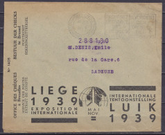 Env. Office Des Chèques Pub "Liège 1939 Exposition Internationale" Flam. BRUXELLES-CHEQUES /4 VII 1938 Pour LADEUZE (au  - Brieven En Documenten