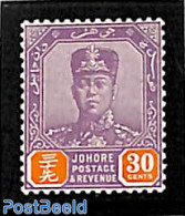 Malaysia 1922 Johore, 30c, WM Script-CA, Stamp Out Of Set, Unused (hinged) - Autres & Non Classés