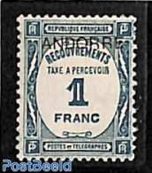 Andorra, French Post 1932 1fr Postage Due, Stamp Out Of Set, Unused (hinged) - Other & Unclassified