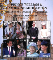 Nevis 2021 Prince William & Kate 10 Years Wedding 4v M/s, Mint NH, History - Kings & Queens (Royalty) - Königshäuser, Adel