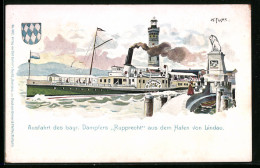 Lithographie Lindau, Hafenausfahrt Des Bodensee-Dampfers Rupprecht  - Sonstige & Ohne Zuordnung