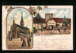 Lithographie Sennheim, L'Église, Thanner Tor  - Thann