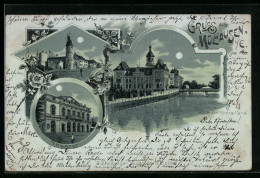 Lithographie Clair De Lune Mülhausen, Neue Post Avec Rhein-Rhône-Canal, Bollwerk, Theater  - Autres & Non Classés