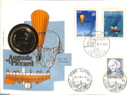 San Marino 1984 Coin Letter, Auguste Picard, Stamps + Swiss 5Fr Coin, Postal History, Transport - Balloons - Briefe U. Dokumente